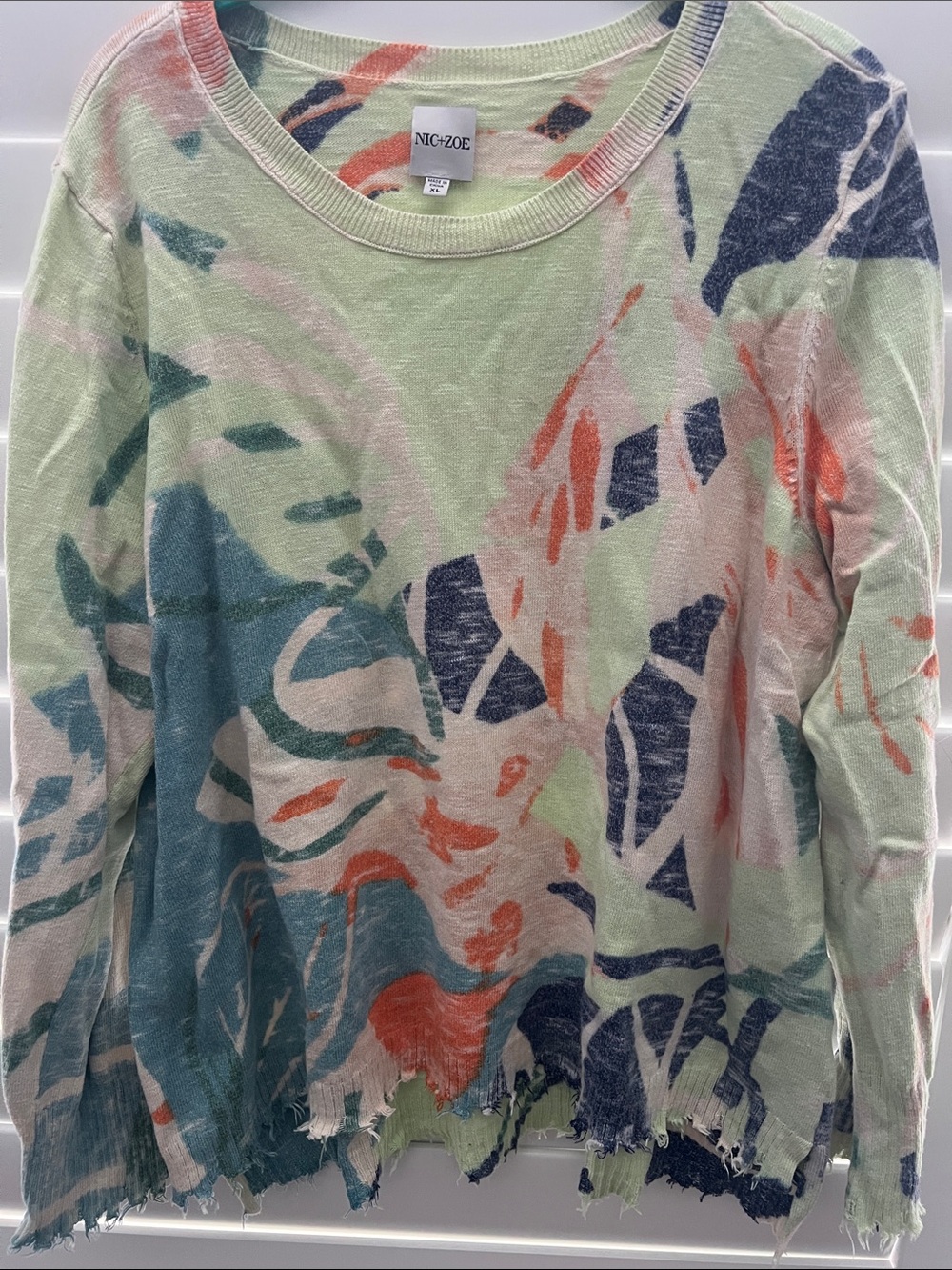 NIC+ZOE Mint Knit Sweater with Navy & Coral Abstract Print